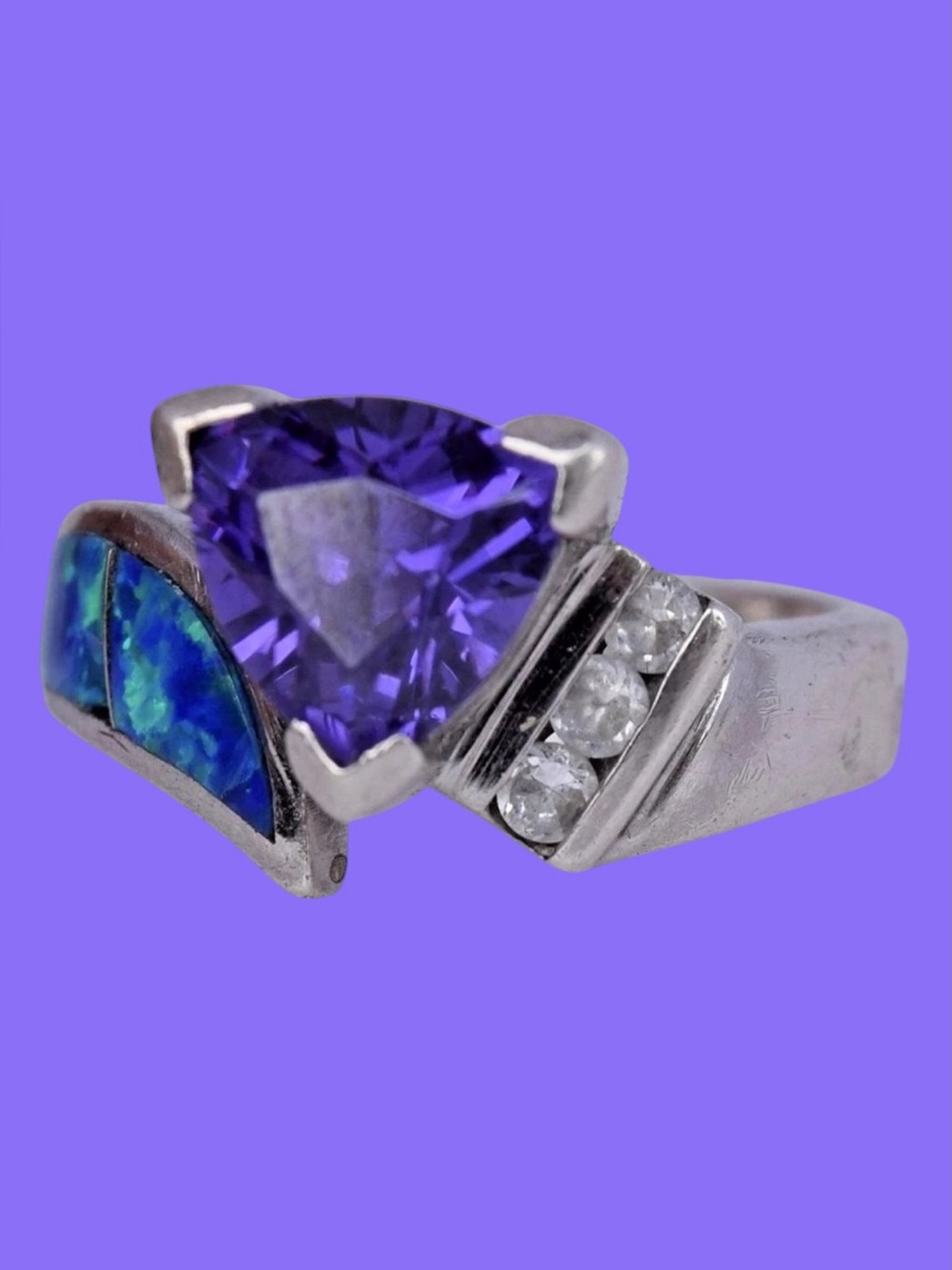 Vintage AK 925 Sterling Silver Amethyst, Opal Inlay & CZ Statement Ring - Picture 4 of 8